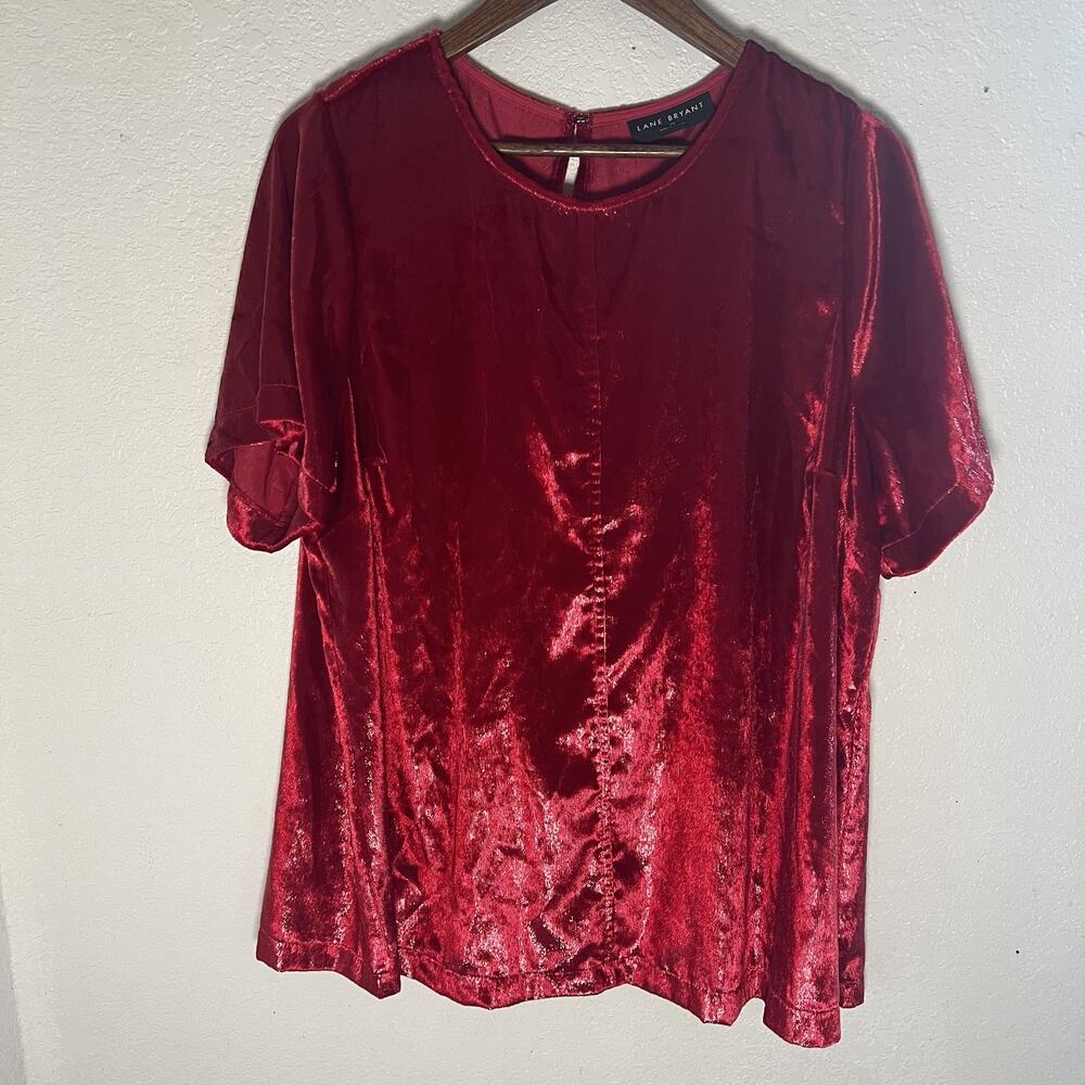 Lane Bryant Red Velvet Like Top Size 18 Shimmer Short Sleeves Sparkle Holiday